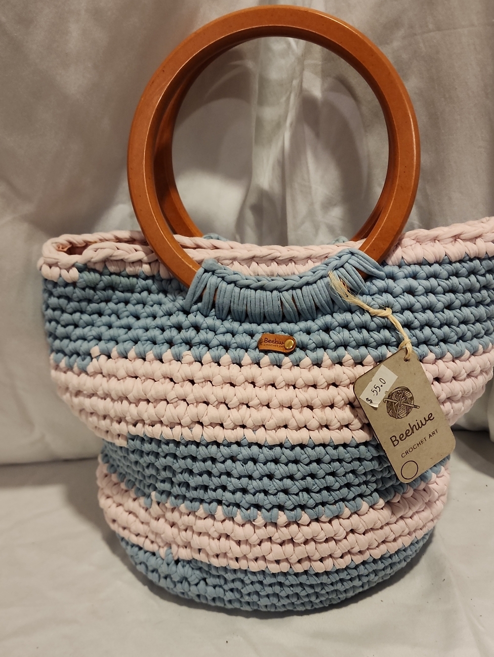 Macrame Crochet Tote Bag with Wooden Handles - Pink & Blue